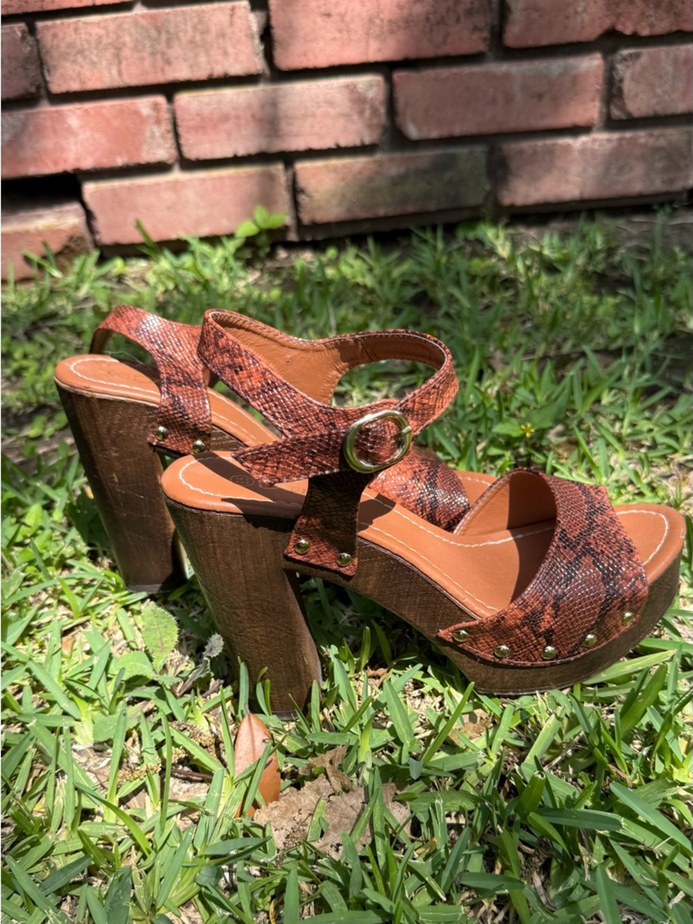 Women’s Brown Faux Snakeskin Platform Sandals with Wooden Heel